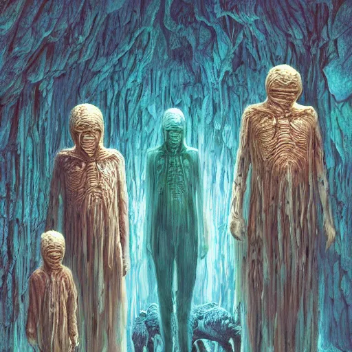 Prompt: painting of a creepy family wearing long robes, highly detailed, intercrossed humans, mixed animal, in a beautiful crystal caverine, by giger, zdzislaw beksinski, frank frazette, cold hue's, amazing colorful background, digital art, concept art, animal painting, beautiful composition 3 - d 4 k,