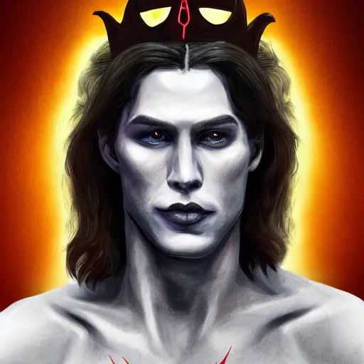 Image similar to demonic portrait of a handsome gorgeous satanic dirty brown haired hippie that looks like cody fern with a straw jawline with long hair past his chest and blue eyes as the human prince of satan and lucifer, wearing a demonic giger royal crown, artstation