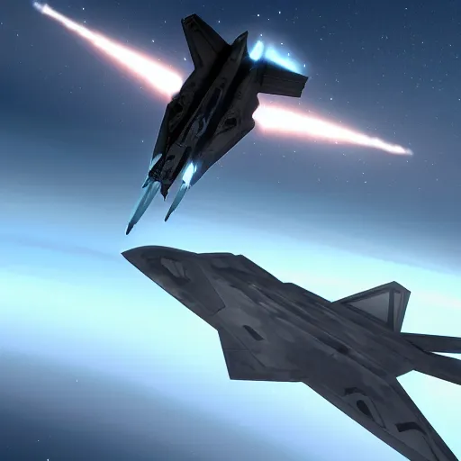 Prompt: Epic aerial dogfight between F-22 raptor and an alien spaceship, sci-fi art, 8k