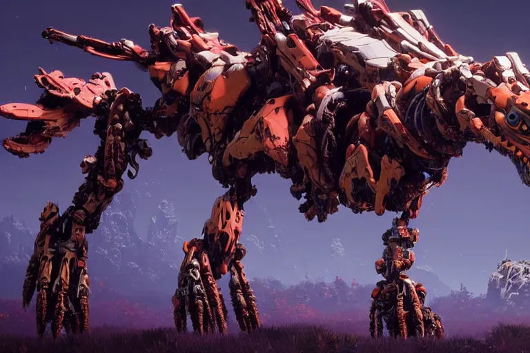 Prompt: wide epic shot. a hyper detailed spikesnout evangelion realistic mechanical and organic creature similar look as horizon forbidden west horizon zero dawn, bioluminiscence in a dark deep forest at dawn in spring, with reflection and textures, by kilian eng, substance painter reaslitic mech surface metal painted scratches, world env from horizon forbidden west horizon zero dawn