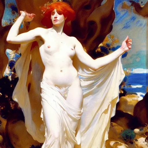 Image similar to redheaded prophetess, fully clothed in white floral chiton, ancient greece, by john singer sargent and gaston bussiere and james jean and grzegorz rutkowski