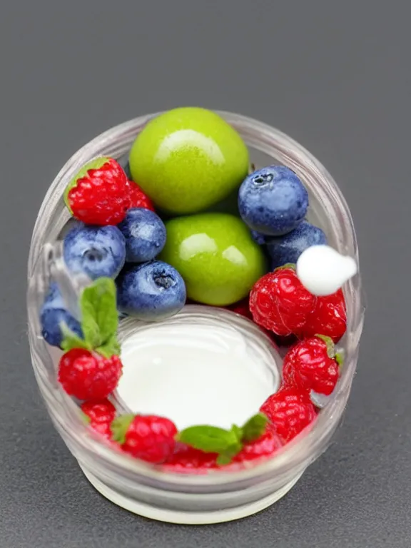 Image similar to 3 5 mm detailed miniature diorama of plastic jar of yogurt filled with fruits