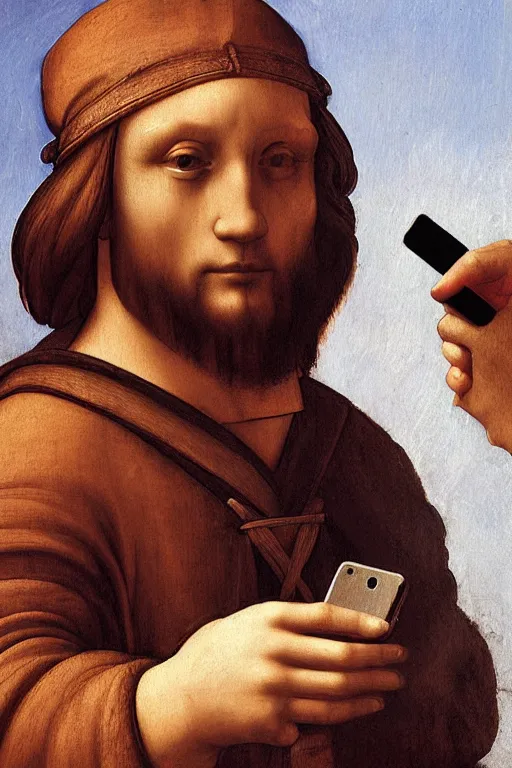 Prompt: leonardo da vinci taking a selfie, oil painting, digital art, photorealism