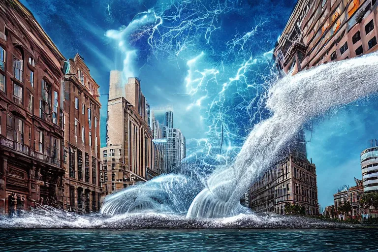 Image similar to water tornado in the city, ultra realistic, photorealistic, highly detailed, sharp focus, vivid, colorful