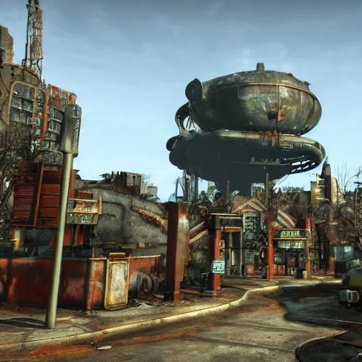 Image similar to walt disney world orlando in ruins post - nuclear war in fallout 4, in game screenshot