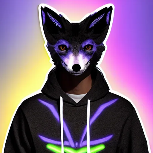 Image similar to a fox wearing a black hoodie with glowing neon stripes, in the style of anime