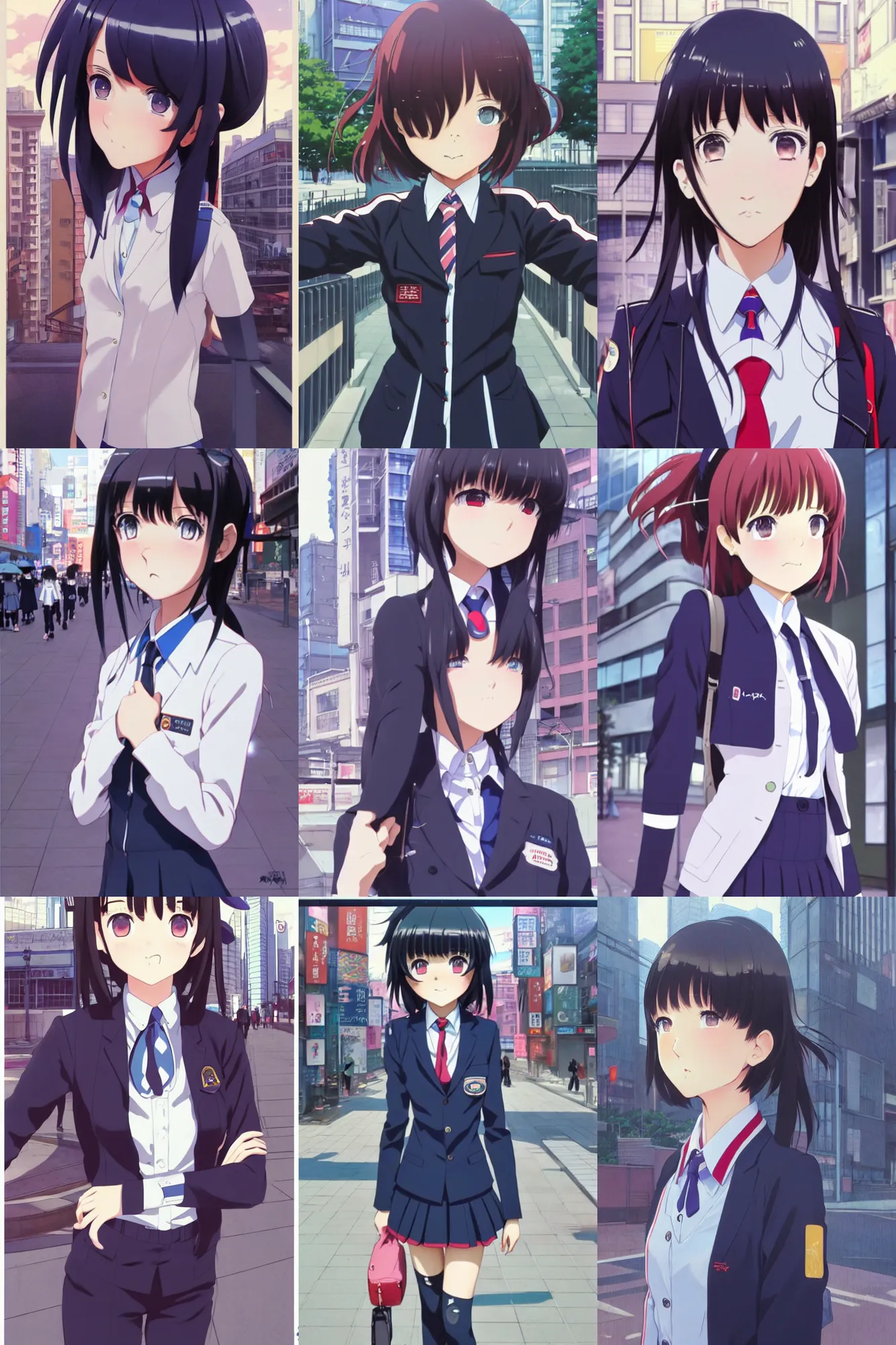 Prompt: a cute girl wearing school uniform standing in the city | | very very anime!!!, fine - face, realistic shaded perfect face, fine details, anime, realistic shaded lighting, poster by ilya kuvshinov katsuhiro otomo ghost - in - the - shell, magali villeneuve, artgerm, jeremy lipkin and michael garmash and rob reyt