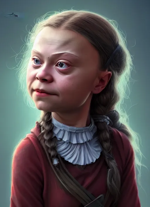 Image similar to portrait of greta thunberg as a cute medieval goblin girl with lipstick and long eyelashes, beautiful face, hyper realistic, highly detailed, digital painting, artstation, illustration, concept art by hyung tae and frank frazetta, digital paint, matte paint, washed colors, dark, gloomy