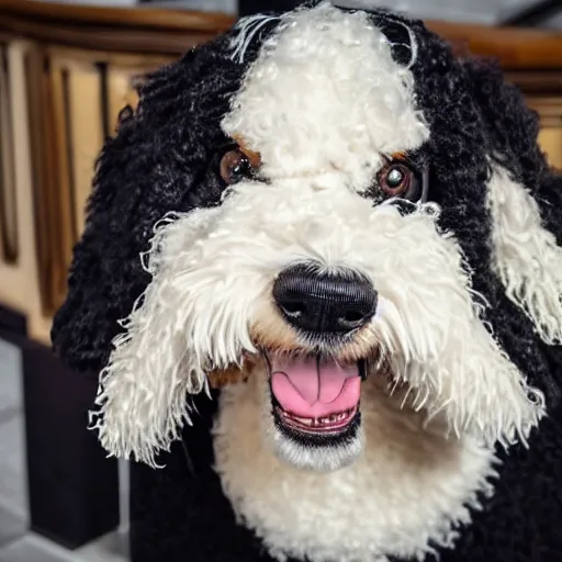 Image similar to a closeup photorealistic photograph of a cute smiling knitted bernedoodle judge dog dressed in a black gown, presiding over the courthouse. indoor image, professional capture, well lit shot. this 4 k hd image is trending on artstation, featured on behance, well - rendered, extra crisp, features intricate detail, epic composition and the style of unreal engine.