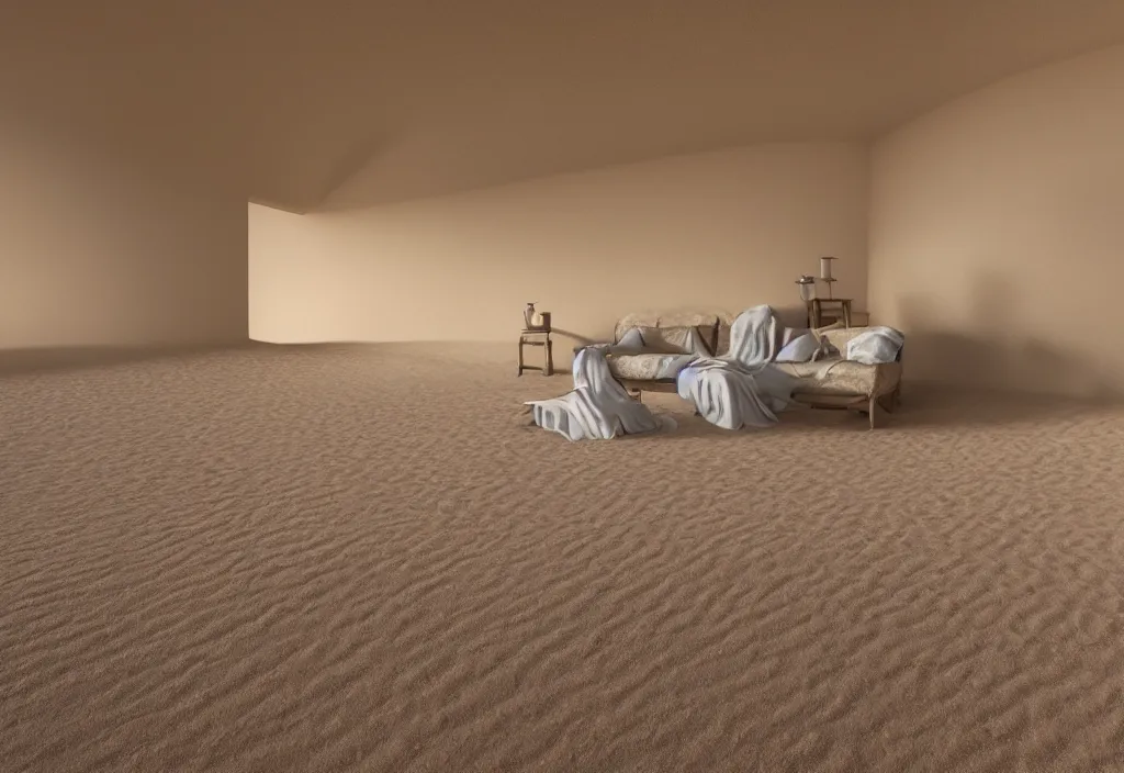 Image similar to kodak portra 4 0 0 photographic and realistic, interior of a living room, detailed, octane render, unreal engine, 4 k, artstation, hyper realistic, wide angle, floor flooded with sand, desert, dunes, objects partially buried, 3 5 mm, sharp focus, soft light, volumetric light, in the style of gregory crewdson