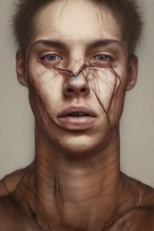 Prompt: beautiful clean oil painting biomechanical portrait of young man face by sean yoro, huaishen j, wayne barlowe, rembrandt, complex, stunning, realistic, skin color