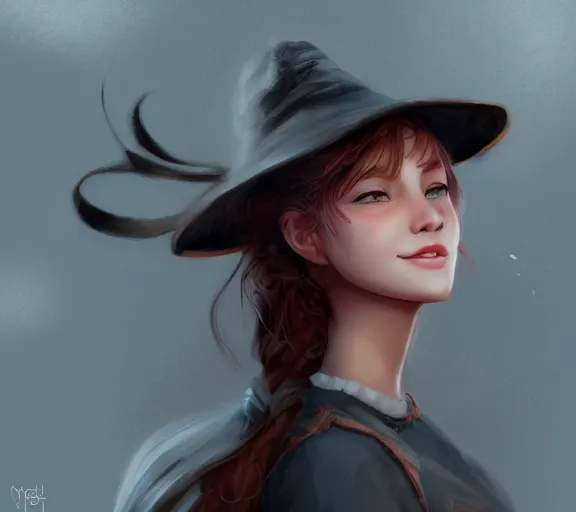 Image similar to mysterious smiling girl puts on a different hat, digital art, trending on artstation, artgerm, very detailed, great quality, illustration, smooth, sharp focus, concept art,