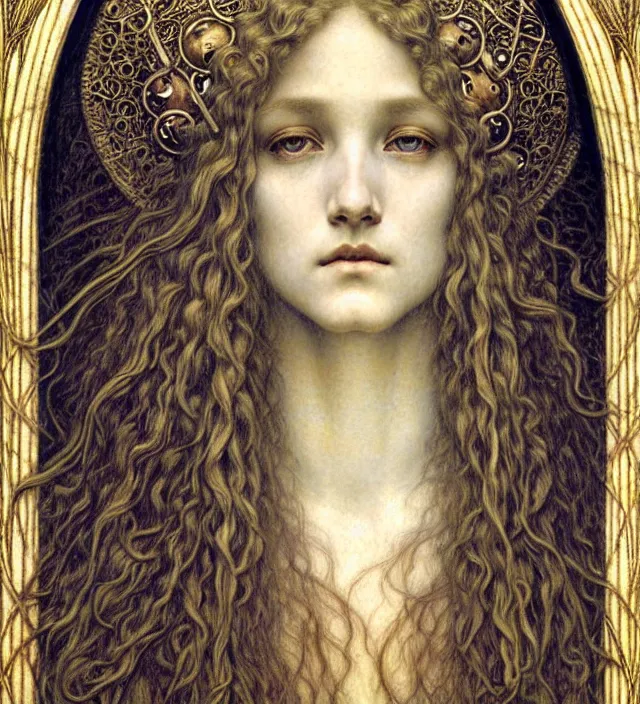 Image similar to detailed realistic beautiful young medieval queen face portrait by jean delville, gustave dore and marco mazzoni, art nouveau, symbolist, visionary, gothic, pre - raphaelite. horizontal symmetry