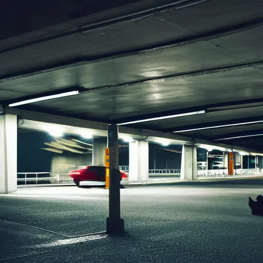 Prompt: a cat waiting at an overhead carpark at night, cinematic lighting