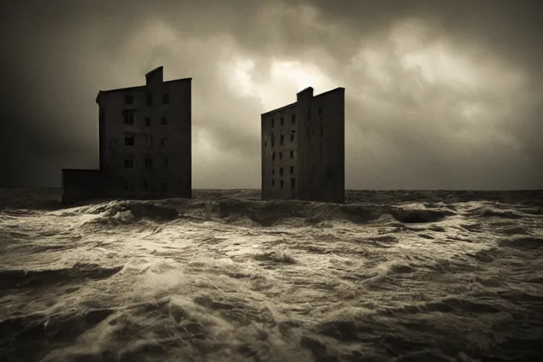 Image similar to danila tkachenko, low key lighting, an abandoned soviet building block in the middle of the ocean, storm, lighning storm, crashing waves, dramatic lighting