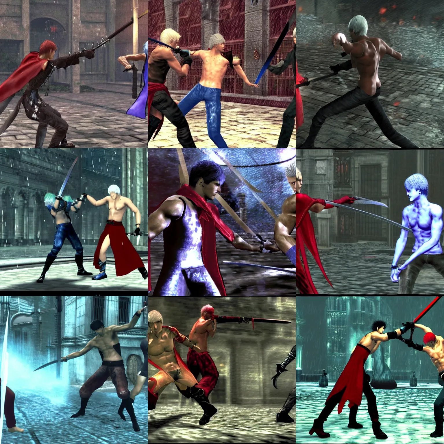 Prompt: ps 2 cutscene of dante and vergil fighting with swords shirtless in the rain in devil may cry 3