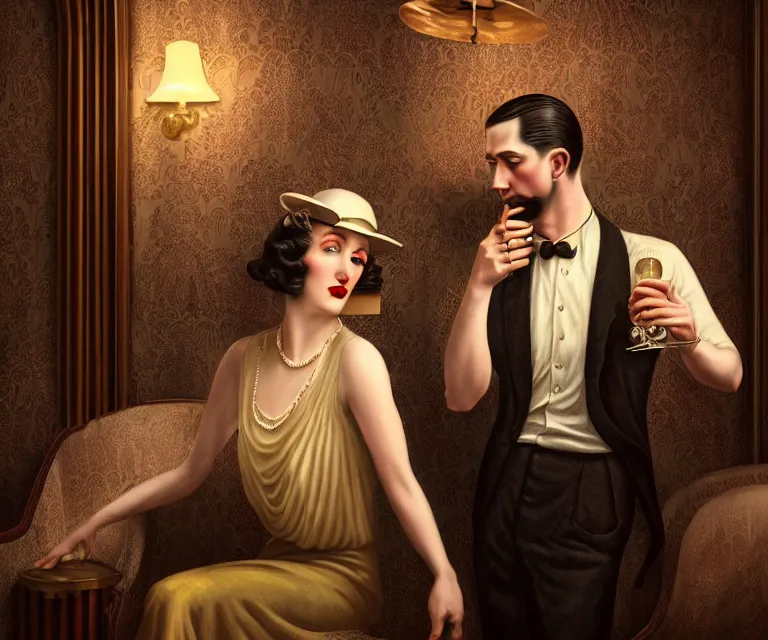 Prompt: a beautiful classy partying couple, dimly lit upscale 1920s speakeasy, relaxed pose, art deco, detailed painterly digital art style by Tim Okamura, retro vibe, 🍸, 8k octane beautifully detailed render, post-processing, extremely hyperdetailed, intricate, epic composition, grim yet sparkling atmosphere, cinematic lighting + masterpiece, trending on artstation, very detailed, vibrant colors, Art Nouveau, masterpiece, romanticism