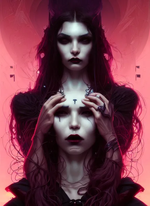 Image similar to perfect vampire girl portrait, intricate artwork by josan gonzalez, artgerm, tom bagshaw, kilian eng, alphonse mucha, zdizslaw beksinski, very coherent artwork, psychedelic, syntwave, noir gothic cyberpunk, octane render, unreal engine, 8 k, high contrast