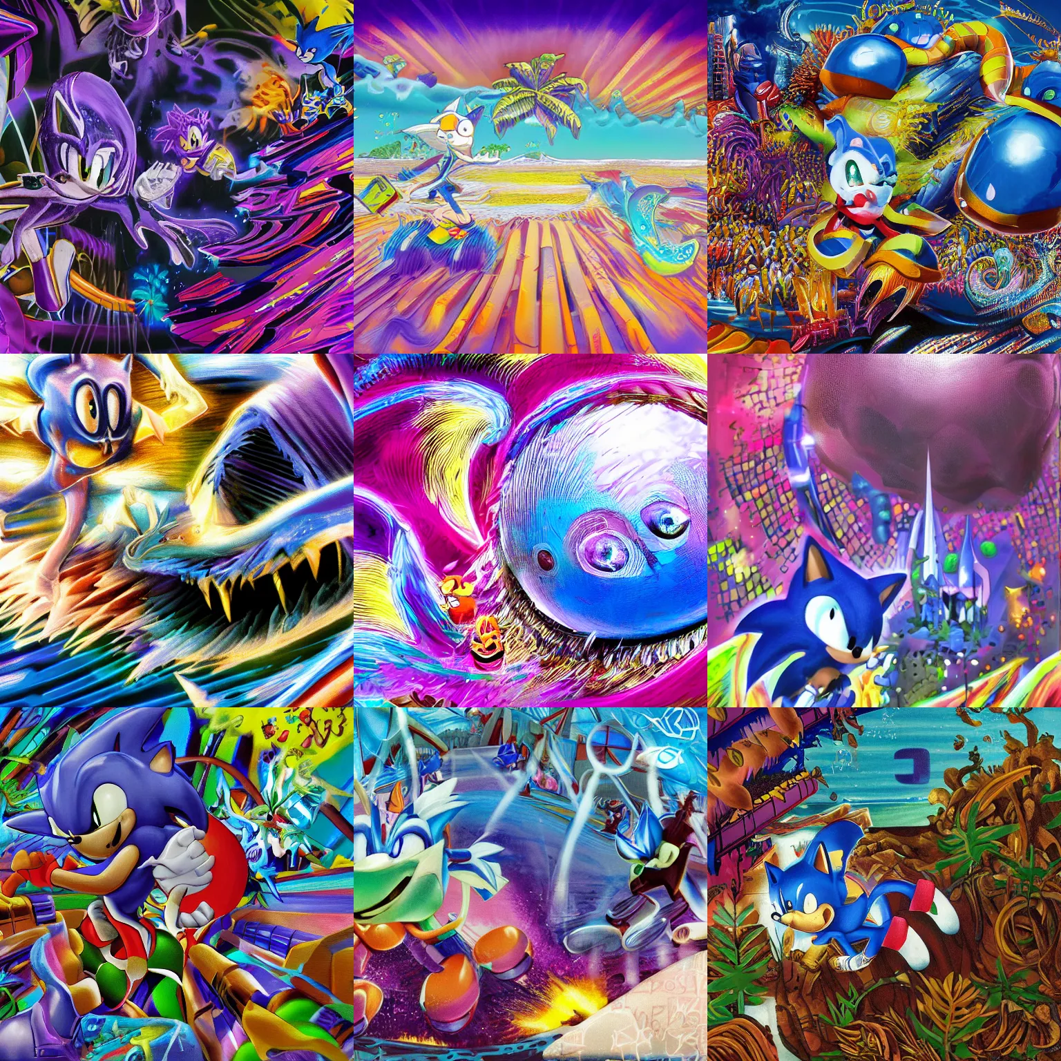 Prompt: surreal closeup of sonic, sharp, detailed professional, high quality airbrush art MGMT album cover of a liquid dissolving LSD DMT blue sonic the hedgehog surfing through cyberspace, tropical ocean, purple checkerboard background, 1980s 1985 Sega arcade video game album cover