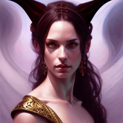 Image similar to ,portrait of an female tiefling, D&D, fantasy, intricate, elegant, highly detailed, digital painting, artstation, concept art, smooth, sharp focus, illustration, art by artgerm and greg rutkowski and alphonse mucha