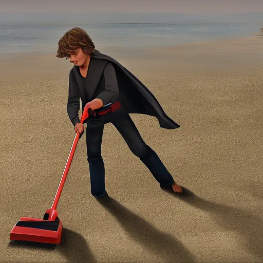 Image similar to anakin skywalker vacuuming the beach for sand, 4k, photorealistic,