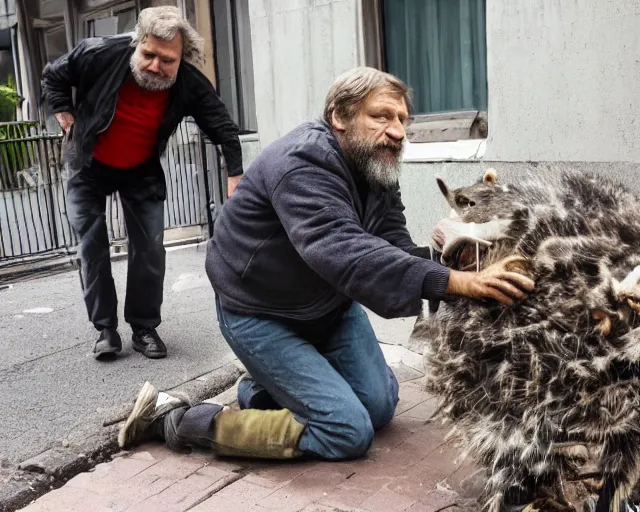 Prompt: slavoj zizek battling with a racoon for food in a trash container in the street