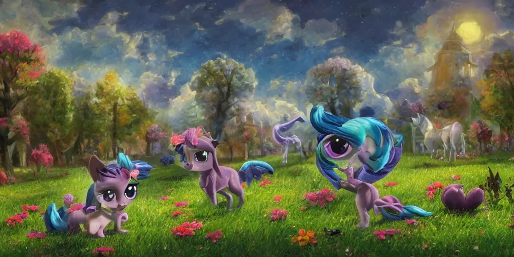 Prompt: 3 d littlest pet shop horse, spooky, graves, stars, crypt, flowers, storm, blues, greens, teals, master painter and art style of noel coypel, art of emile eisman - semenowsky, art of edouard bisson