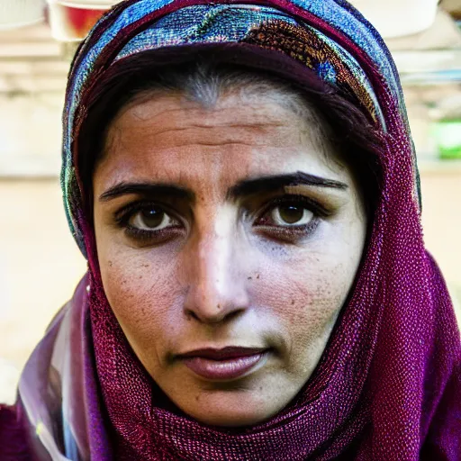 Prompt: a character portrait color photo of an iranian woman at the bazaar, wide shot, perfect face, hopeful, photojournalism, war photography, adobe, canon, nikon, flickr contest winner, neo-expressionism, art photography, industrial background, hyperrealism, chiaroscuro, anamorphic lens flare, elegant, shallow depth of field, haze, volumetric lighting, photo taken with provia, 24mm, f1.8, by Filip Hodas, by Andrew Domachowski