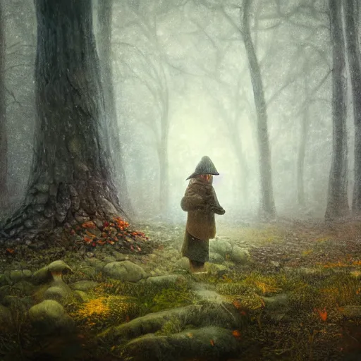 Image similar to an old broken hut mage of huge mushrooms, snow in an autumn forest, animals, green and brown tones, by Aron Wiesenfeld and beksincki, in the style Bev dolittle, cinematic, detailed illustration, nature, fog, dark colors, suspense, intricate, 8k in the style