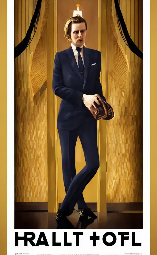 Prompt: film poster. a young man in a suit. the halls and foyer of a grand old art deco hotel. the hotel's eclectic guests. film poster. wes anderson. golden light. collage. photorealistic. trending on artstation. textless.