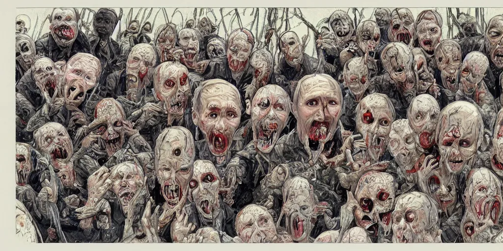 Prompt: vladimir putin's face is eaten by worms, in the background an army of zombies with their mouths sewn shut with wire in the shape of the letter z, drawn in the style of ralph mcquarrie, photorealistic, hyperdetailed