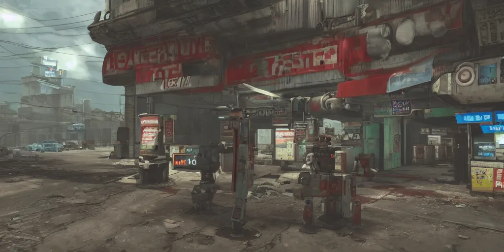 Prompt: Fallout-style robotic buying gaterade at 7Eleven | Trending on ArtStation, Fallout | Hyperrealistic CGI Photorealistic Cyberpunk Post Nuclear City