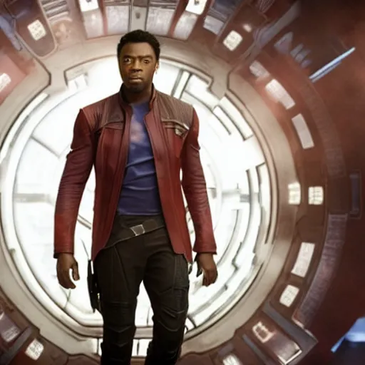 Image similar to film still of Chadwick Boseman as Star Lord in Guardians of the Galaxy