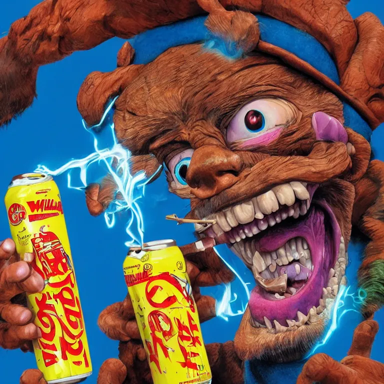 Prompt: 1 9 9 0's wild advertisement octane render portrait by wayne barlow and carlo crivelli and glenn fabry and pixar, a crazed humanoid cartoon leapord smoking a cigarette while holding up a colorful neon blue energy drink while standing on a playground, cinema 4 d, ray traced lighting, very short depth of field, bokeh