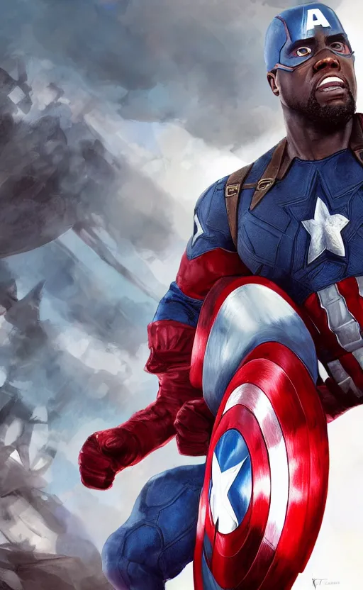 Image similar to kevin hart as captain america, dynamic lighting, photorealistic fantasy concept art, trending on art station, stunning visuals, creative, cinematic, ultra detailed