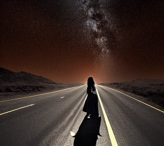 Prompt: on a dark desert highway cool wind in my hair warm smell of colitas rising up through the air up ahead in the distance i saw shimmering light my head grew heavy and my sight grew dim i had to stop for the night there she stood in the doorway, cinematic lighting, concept art, intricate, 4 k, highly detailed, dramatic