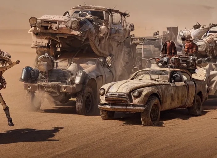 Image similar to scene from the 2015 science fiction film Muppet Mad Max: Fury Road