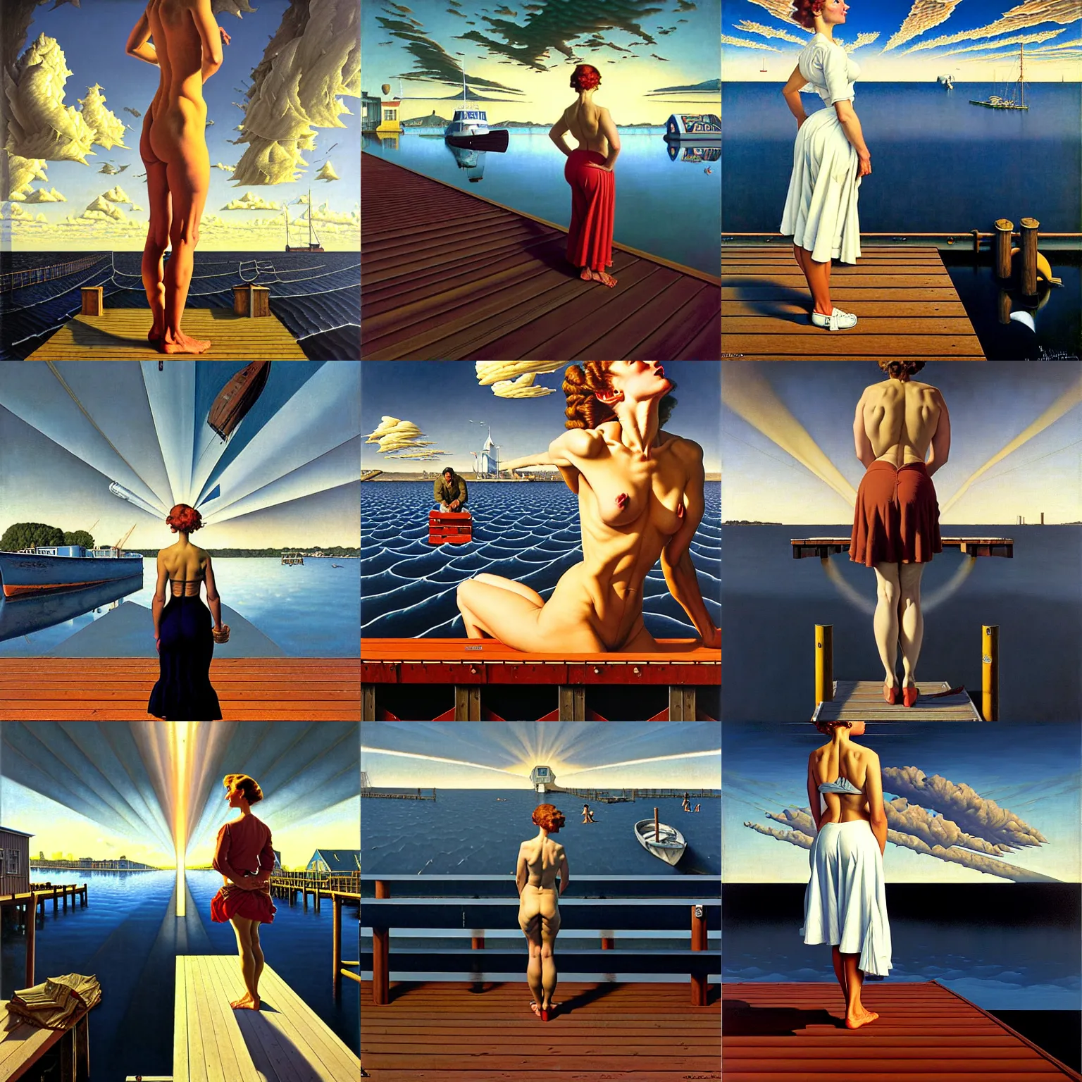 Prompt: a woman standing on a dock by rob gonsalves and brom and norman rockwell and lucian freud and gil elvgren, hyperrealism, precisionism, art deco, surrealist, chiaroscuro, sunburst behind woman, highly detailed