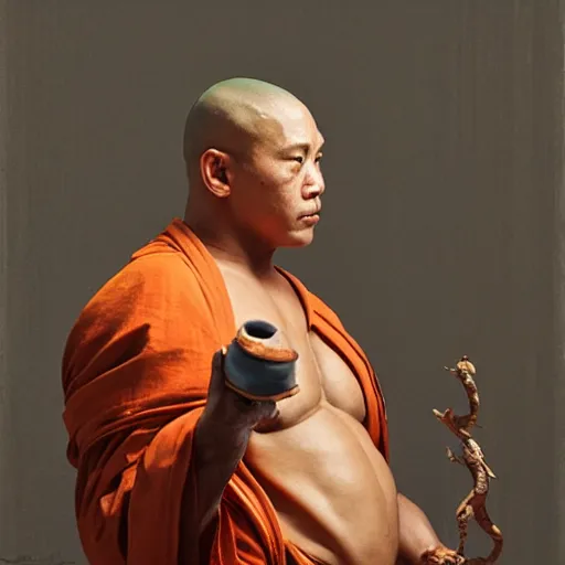 Image similar to turtle bodybuilder wearing a monk robes holding incense burner. natural lighting by ruan jia, portrait