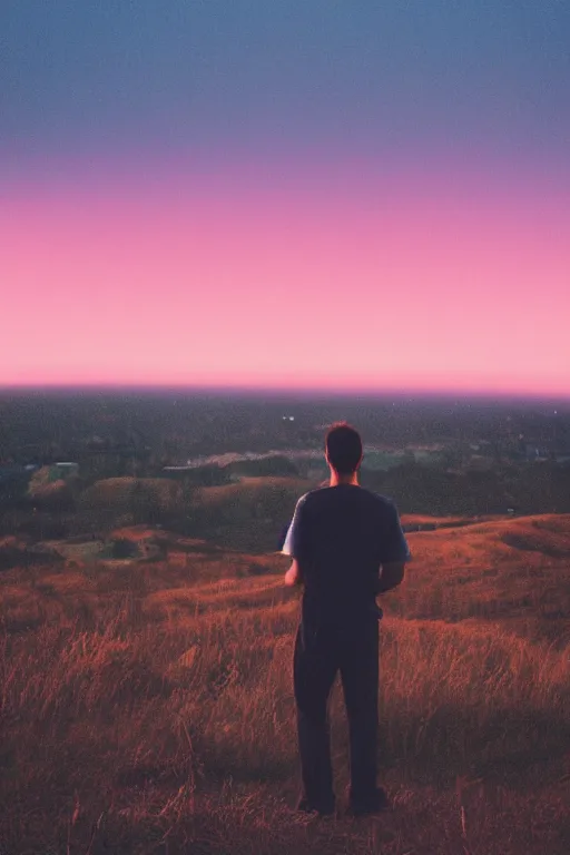 Image similar to agfa vista 4 0 0 photograph of a guy standing on top of a hill watching a city burn in the distance, back view, synth vibe, vaporwave colors, lens flare, moody lighting, moody vibe, telephoto, 9 0 s vibe, blurry background, grain, tranquil, calm, faded!,