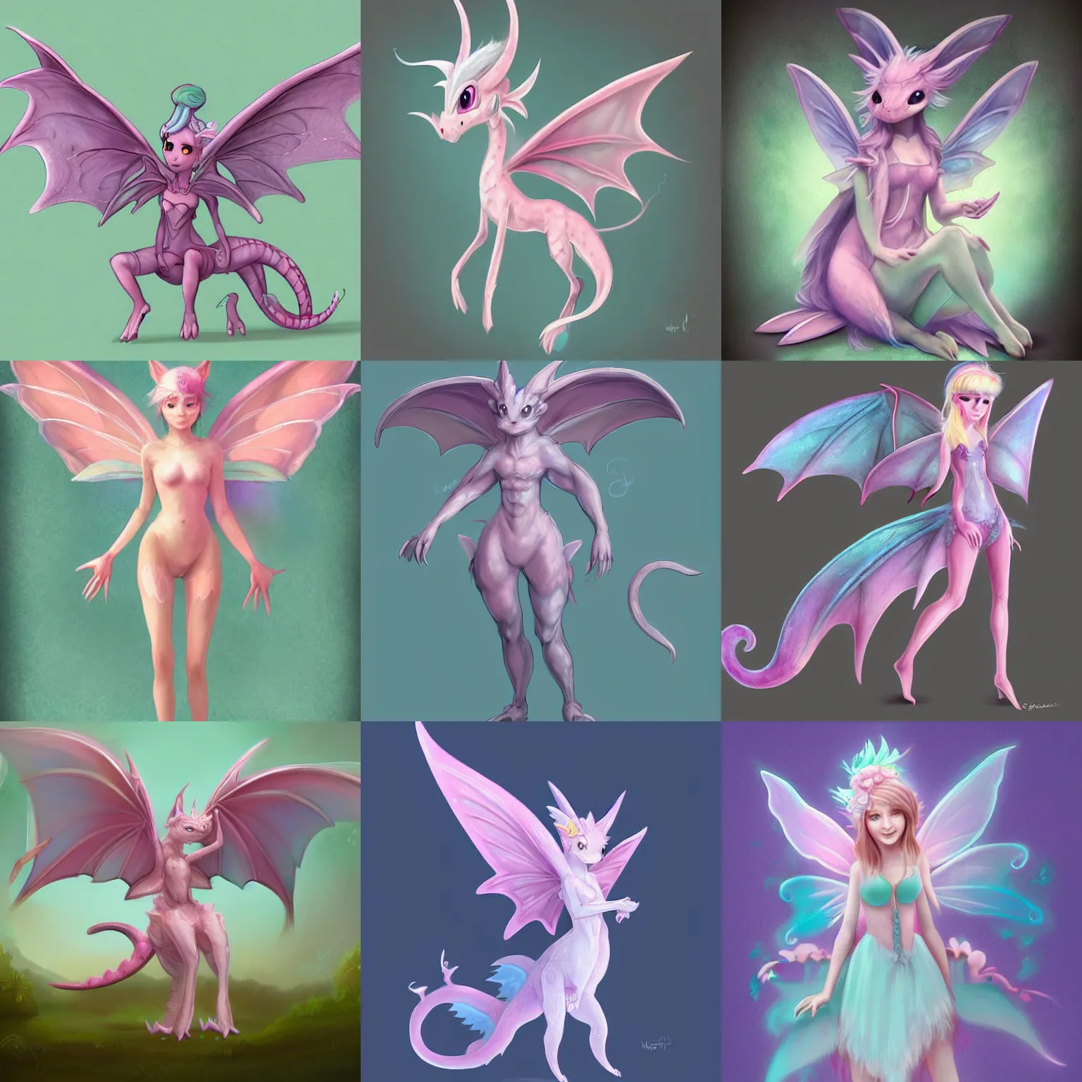 Prompt: full body digital illustration of a cute pastel faerie dragon, concept art, matte background, deviantArt, artstation