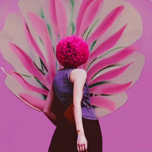 Image similar to giant flower head, frontal, girl standing in mid century hotel, surreal, symmetry, bright colors, cinematic, wes anderson