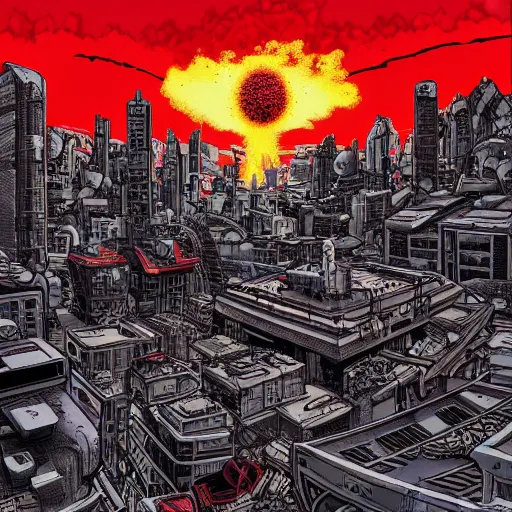 Prompt: adularia, apocalyptic spherical explosion, city, akira art style