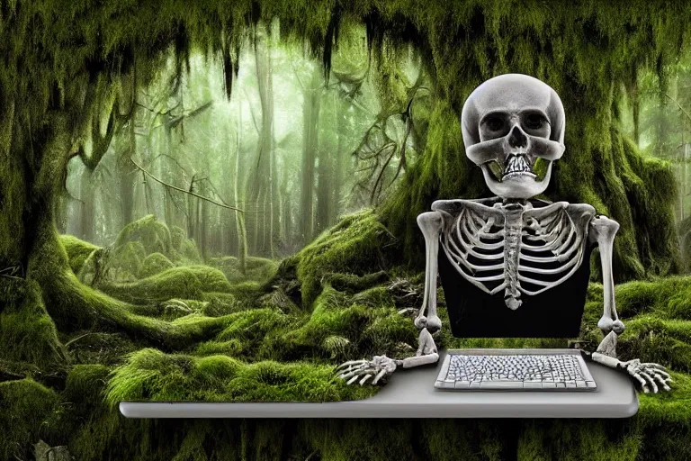 Image similar to human skeleton behind computer overgrown with moss, in forest, dark atmosphere, fanstasy, digital art, very realistic, trending on artsstation, very detailed