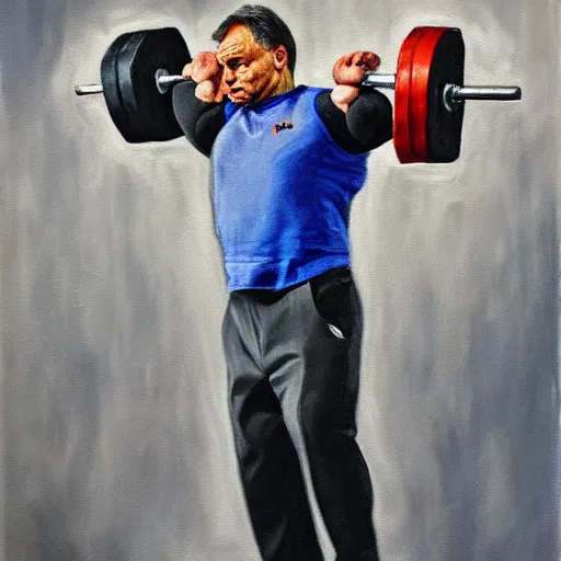 Prompt: viktor orban weightlifting, oil painting