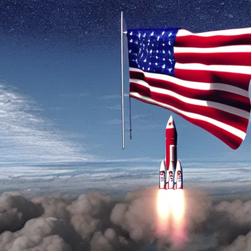 Image similar to The Space Launch System rocket in flight, eclipsed by the American Flag in the foreground, photorealistic