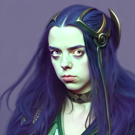 Image similar to Billie Eilish as Female Loki, very detailed, digital art, trending on artstation, concept art, smooth, illustration, art by artgerm and greg rutkowski and alphonse mucha and J. C. Leyendecker and Edmund Blair Leighton and Katsuhiro Otomo and Geof Darrow and Phil hale and Ashley wood