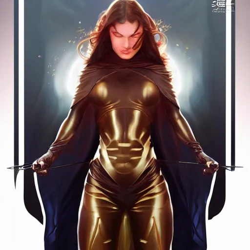 Prompt: character concept, portrait, symmetrical head - on centralized, young woman with dark ninja clothes. detailed, high quality, dynamic lightning, fantasy, scenematic. artwork by artgerm, wlop, alex ross, greg rutknowski, alphonse mucha