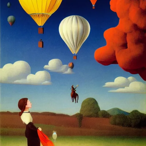 Prompt: a girl and her horse enjoy a hot-air balloon show by Raphael, Hopper, and Rene Magritte. detailed, romantic, enchanting, trending on artstation.