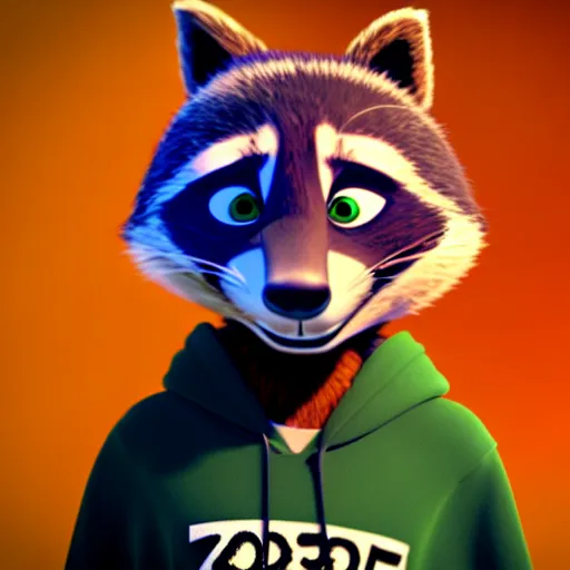 Prompt: a stoner with a black hoodie on with a marijuana themed dark green raccoon head from zootopia, 3 d, blender 3 d, render, extremely detailed, 8 k, has red eyes and a relaxed expression